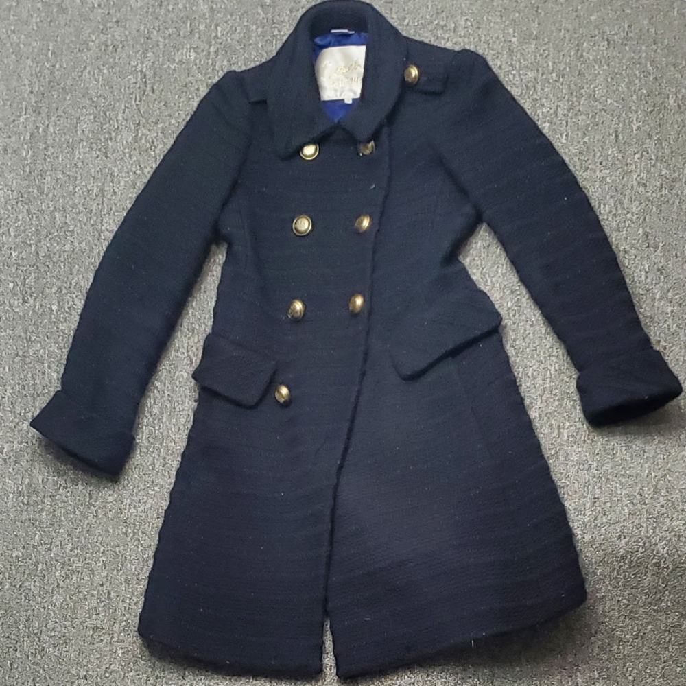 Ltd Ed Coach Navy/Black Knit Metallic Button Accent Double Breast Coat Size 2